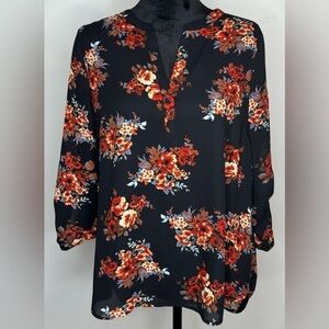 Daniel Rainn Women's Black Red Floral 3/4 Sleeve V-Neck Blouse Size M